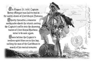 ON AUGUST 26 1688 CAPTAIN HENRY MORGAN WAS LAID TO REST IN THE SANDY SHORES OF PORT ROYAL JAMAICA SHORTLY THEREAFTER A MASSIVE EARTHQUAKE SHOOK THE ISLAND CASTING THE CAPTAIN'S COFFIN INTO THE CHURNING WATERS OF PORT ROYAL HARBOUR NEVER TO BE SEEN AGAIN SOME BELIEVE THE CAPTAIN'S RESTLESS SPIRIT LIVES ON TO THIS DAY SAILING THE SEAS OF THE CARIBBEAN IN SEARCH OF HIS MORTAL REMAINS CAYMAN ISLAND JAMAICA CARIBBEAN SEA RESTED IN PEACE AUGUST 26 1688 PREMIUM BLACK SPICED RUM HENRY MORGAN