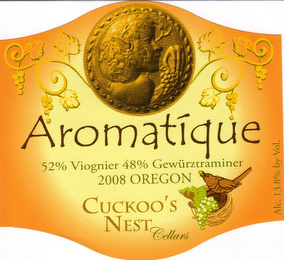 AROMATIQUE CUCKOO'S NEST CELLARS 52% VIOGNIER 48% GEWÜRZTRAMINER 2008 OREGON ALC. 13.8% BY VOL.