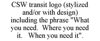 CSW TRANSIT LOGO (STYLIZED AND/OR WITH DESIGN) INCLUDING THE PHRASE "WHAT YOU NEED. WHERE YOU NEED IT. WHEN YOU NEED IT".