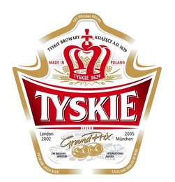 THE ORIGINAL RECIPE TYSKIE BROWARY KSIAZECE A.D. 1629 MADE IN POLAND TYSKIE 1629 TYSKIE GRONIE LONDON 2002 TYSKIE BROWARY KSIAZECE GRAND PRIX 2005 MUNCHEN THE BREWING INDUSTRY INTERNATIONAL AWARDS PREMIUM LAGER BEER EXCELLENT QUALITY OF BEER