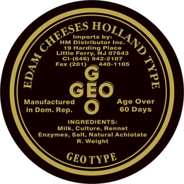 GEO GEO EDAM CHEESES HOLLAND TYPE IMPORTS BY: HM DISTRIBUTOR INC. 19 HARDING PLACE LITTLE FERRY, NJ 07643 CL - (646) 942-2107 FAX (201) 440-1105 MANUFACTURED IN DOM. REP. AGED OVER 60 DAYS INGREDIENTS: MILK, CULTURE, RENNET, ENZYMES, SALT, NATURAL ACHIOTE." BELOW THAT, THE WORDS "R. WEIGHT GEO TYPE