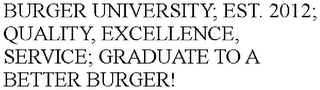 BURGER UNIVERSITY; EST. 2012; QUALITY, EXCELLENCE, SERVICE; GRADUATE TO A BETTER BURGER!