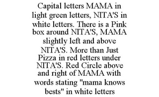 CAPITAL LETTERS MAMA IN LIGHT GREEN LETTERS, NITA'S IN WHITE LETTERS. THERE IS A PINK BOX AROUND NITA'S, MAMA SLIGHTLY LEFT AND ABOVE NITA'S. MORE THAN JUST PIZZA IN RED LETTERS UNDER NITA'S. RED CIRCLE ABOVE AND RIGHT OF MAMA WITH WORDS STATING "MAMA KNOWS BESTS" IN WHITE LETTERS