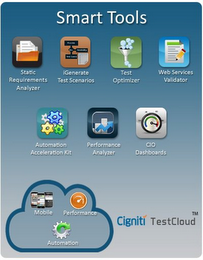 SMART TOOLS STATIC REQUIREMENTS ANALYZER IGENERATE TEST SCENARIOS TEST OPTIMIZER WEB SERVICES VALIDATOR AUTOMATION ACCELERATION KIT PERFORMANCE ANALYZER CIO DASHBOARDS MOBILE PERFORMANCE AUTOMATION CIGNITI TESTCLOUD