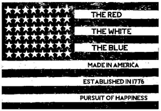 THE RED THE WHITE THE BLUE MADE IN AMERICA ESTABLISHED IN 1776 PURSUIT OF HAPPINESS