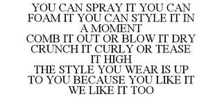 YOU CAN SPRAY IT YOU CAN FOAM IT YOU CAN STYLE IT IN A MOMENT COMB IT OUT OR BLOW IT DRY CRUNCH IT CURLY OR TEASE IT HIGH THE STYLE YOU WEAR IS UP TO YOU BECAUSE YOU LIKE IT WE LIKE IT TOO