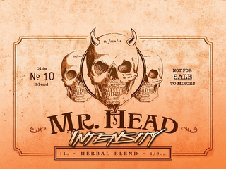 MR. HEAD INTENSITY OLDE NO. 10 BLEND NOT FOR SALE TO MINORS 14G - HERBAL BLEND - 1/2 OZ. OS FRONTIS OS MALA. MAXILLA SUPERIOR. MAXILLA INFERIOR.