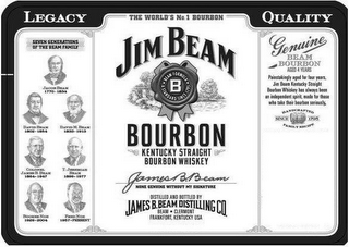 THE WORLD'S NO. 1 BOURBON JIM BEAM BOURBON KENTUCKY STRAIGHT BOURBON WHISKEY JAMES B. BEAM NONE GENUINE WITHOUT MY SIGNATURE DISTILLED AND BOTTLED BY JAMES B. BEAM DISTILLING CO. BEAM CLERMONT FRANKFORT, KENTUCKY USA B BEAM FORMULA A STANDARD SERVICE SINCE 1795 LEGACY SEVEN GENERATIONS OF THE BEAM FAMILY QUALITY GENUINE BEAM BOURBON AGED 4 YEARS PAINSTAKINGLY AGED FOR FOUR YEARS, JIM BEAM KENTUCKY STRAIGHT BOURBON WHISKEY HAS ALWAYS BEEN AN INDEPENDENT SPIRIT, MADE FOR THOSE WHO TAKE THEIR BOURBON SERIOUSLY HANDCRAFTED FAMILY RECIPE SINCE 1795