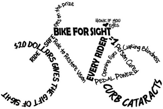 BIKE FOR SIGHT EYES ON THE PRIZE HONK IF YOU EYES RIDE TO RESTORE VISION RIDE SAFE $20 DOLLARS GIVES THE GIFT OF SIGHT EVERY RIDER = 1 PERSON CURED PEDAL POWER CURB CATARACTS OPENING EYES CURING BLINDNESS