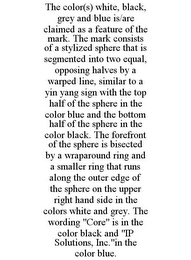THE COLOR(S) WHITE, BLACK, GREY AND BLUE IS/ARE CLAIMED AS A FEATURE OF THE MARK. THE MARK CONSISTS OF A STYLIZED SPHERE THAT IS SEGMENTED INTO TWO EQUAL, OPPOSING HALVES BY A WARPED LINE, SIMILAR TO A YIN YANG SIGN WITH THE TOP HALF OF THE SPHERE IN THE COLOR BLUE AND THE BOTTOM HALF OF THE SPHERE IN THE COLOR BLACK. THE FOREFRONT OF THE SPHERE IS BISECTED BY A WRAPAROUND RING AND A SMALLER RING THAT RUNS ALONG THE OUTER EDGE OF THE SPHERE ON THE UPPER RIGHT HAND SIDE IN THE COLORS WHITE AND GREY. THE WORDING "CORE" IS IN THE COLOR BLACK AND "IP SOLUTIONS, INC."IN THE COLOR BLUE.