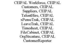 CEIPAL WORKFORCE, CEIPAL CUSTOMERS, CEIPAL SUPPLIERS, CEIPAL TALENTHIRE, CEIPAL XPENSETRAK, CEIPAL LEAVETRAK, CEIPAL TIMESHEET, CEIPAL FILECABINET, CEIPAL ORGSTRCUTURE, CEIPAL CUSTOMERREPORTER