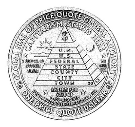 GLOBAL SEAL OF PRICE QUOTE GLOBAL AUTHORITY ONE PRICE QUOTE DOLLAR $ $ CAPITALISM STARTS HERE 2 TROY OZ. OF .999 FINE SILVER WE TRUST YOU REDEEM FOR $250 AT 1-855-USOWNED WWW.PRICE QUOTE INTERNATIONAL.COM U.N. U.S. FEDERAL STATE COUNTY CITY TOWN 2013 $