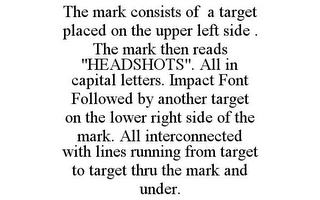 THE MARK CONSISTS OF A TARGET PLACED ON THE UPPER LEFT SIDE . THE MARK THEN READS "HEADSHOTS". ALL IN CAPITAL LETTERS. IMPACT FONT FOLLOWED BY ANOTHER TARGET ON THE LOWER RIGHT SIDE OF THE MARK. ALL INTERCONNECTED WITH LINES RUNNING FROM TARGET TO TARGET THRU THE MARK AND UNDER.