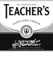 WM. TEACHER & SONS TEACHER'S HIGHLAND CREAM GLASGOW SCOTLAND WT BLENDED SCOTCH WHISKY RICH FULL FLAVOUR, HIGH MALT CONTENT DISTILLED, BLENDED AND BOTTLED IN SCOTLAND