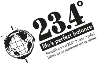 23.4° LIFE'S PERFECT BALANCE THE EARTH'S AXIS IS AT 23.4°.   IT CREATES A PERFECT BALANCE FOR OUR ENVIRONMENT AND OUR CLIMATE.