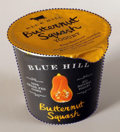 BLUE HILL 100 % GRASS-FED COWS ALL NATURAL YOGURT BUTTERNUT SQUASH BLUE HILL BUTTERNUT SQUASH YOGURT KNOW THY FARMER THE KING OF SQUASH GETS A KICK FROM GINGER AND OTHER SPICES IN THIS COOL, TANGY TREAT