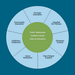 PROVIDER EDUCATION HOSPITAL ED POLICIES DIVERSION CONTROL PAIN PATIENT SUPPORT HARM REDUCTION ADDICTION TREATMENT COMMUNITY EDUCATION PUBLIC AWARENESS COALITION ACTION DATA & EVALUATION