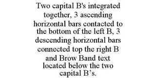 TWO CAPITAL B'S INTEGRATED TOGETHER, 3 ASCENDING HORIZONTAL BARS CONTACTED TO THE BOTTOM OF THE LEFT B, 3 DESCENDING HORIZONTAL BARS CONNECTED TOP THE RIGHT B AND BROW BAND TEXT LOCATED BELOW THE TWO CAPITAL B'S.