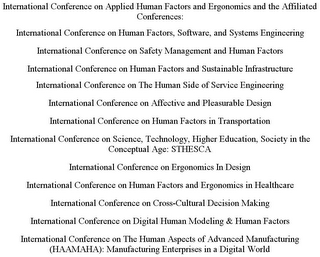 INTERNATIONAL CONFERENCE ON APPLIED HUMAN FACTORS AND ERGONOMICS AND THE AFFILIATED CONFERENCES: INTERNATIONAL CONFERENCE ON HUMAN FACTORS, SOFTWARE, AND SYSTEMS ENGINEERING INTERNATIONAL CONFERENCE ON SAFETY MANAGEMENT AND HUMAN FACTORS INTERNATIONAL CONFERENCE ON HUMAN FACTORS AND SUSTAINABLE INFRASTRUCTURE INTERNATIONAL CONFERENCE ON THE HUMAN SIDE OF SERVICE ENGINEERING INTERNATIONAL CONFERENCE ON AFFECTIVE AND PLEASURABLE DESIGN INTERNATIONAL CONFERENCE ON HUMAN FACTORS IN TRANSPORTATION INTERNATIONAL CONFERENCE ON SCIENCE, TECHNOLOGY, HIGHER EDUCATION, SOCIETY IN THE CONCEPTUAL AGE: STHESCA INTERNATIONAL CONFERENCE ON ERGONOMICS IN DESIGN INTERNATIONAL CONFERENCE ON HUMAN FACTORS AND ERGONOMICS IN HEALTHCARE INTERNATIONAL CONFERENCE ON CROSS-CULTURAL DECISION MAKING INTERNATIONAL CONFERENCE ON DIGITAL HUMAN MODELING & HUMAN FACTORS INTERNATIONAL CONFERENCE ON THE HUMAN ASPECTS OF ADVANCED MANUFACTURING (HAAMAHA): MANUFACTURING ENTERPRISES IN A DIGITAL WORLD