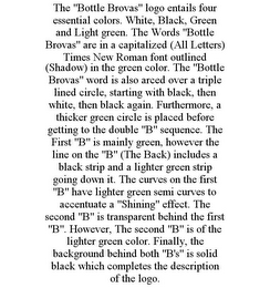 THE "BOTTLE BROVAS" LOGO ENTAILS FOUR ESSENTIAL COLORS. WHITE, BLACK, GREEN AND LIGHT GREEN. THE WORDS "BOTTLE BROVAS" ARE IN A CAPITALIZED (ALL LETTERS) TIMES NEW ROMAN FONT OUTLINED (SHADOW) IN THE GREEN COLOR. THE "BOTTLE BROVAS" WORD IS ALSO ARCED OVER A TRIPLE LINED CIRCLE, STARTING WITH BLACK, THEN WHITE, THEN BLACK AGAIN. FURTHERMORE, A THICKER GREEN CIRCLE IS PLACED BEFORE GETTING TO THE DOUBLE "B" SEQUENCE. THE FIRST "B" IS MAINLY GREEN, HOWEVER THE LINE ON THE "B" (THE BACK) INCLUDES A BLACK STRIP AND A LIGHTER GREEN STRIP GOING DOWN IT. THE CURVES ON THE FIRST "B" HAVE LIGHTER GREEN SEMI CURVES TO ACCENTUATE A "SHINING" EFFECT. THE SECOND "B" IS TRANSPARENT BEHIND THE FIRST "B". HOWEVER, THE SECOND "B" IS OF THE LIGHTER GREEN COLOR. FINALLY, THE BACKGROUND BEHIND BOTH "B'S" IS SOLID BLACK WHICH COMPLETES THE DESCRIPTION OF THE LOGO.