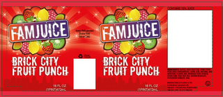 FAMJUICE KEEP REFRIGERATED. SHAKE WELL. SERVE COLD. BRICK CITY FRUIT PUNCH