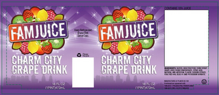 FAMJUICE KEEP REFRIGERATED. SHAKE WELL.SERVE COLD, CHARM CITY GRAPE DRINK