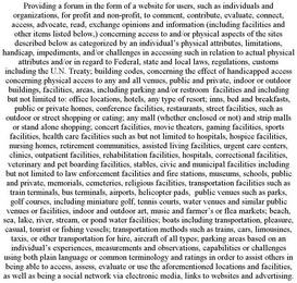 PROVIDING A FORUM IN THE FORM OF A WEBSITE FOR USERS, SUCH AS INDIVIDUALS AND ORGANIZATIONS, FOR PROFIT AND NON-PROFIT, TO COMMENT, CONTRIBUTE, EVALUATE, CONNECT, ACCESS, ADVOCATE, READ, EXCHANGE OPINIONS AND INFORMATION (INCLUDING FACILITIES AND OTHER ITEMS LISTED BELOW,) CONCERNING ACCESS TO AND/OR PHYSICAL ASPECTS OF THE SITES DESCRIBED BELOW AS CATEGORIZED BY AN INDIVIDUAL'S PHYSICAL ATTRIBUTES, LIMITATIONS, HANDICAP, IMPEDIMENTS, AND/OR CHALLENGES IN ACCESSING SUCH IN RELATION TO ACTUAL PHYSICAL ATTRIBUTES AND/OR IN REGARD TO FEDERAL, STATE AND LOCAL LAWS, REGULATIONS, CUSTOMS INCLUDING THE U.N. TREATY; BUILDING CODES, CONCERNING THE EFFECT OF HANDICAPPED ACCESS CONCERNING PHYSICAL ACCESS TO ANY AND ALL VENUES, PUBLIC AND PRIVATE, INDOOR OR OUTDOOR BUILDINGS, FACILITIES, AREAS, INCLUDING PARKING AND/OR RESTROOM FACILITIES AND INCLUDING BUT NOT LIMITED TO: OFFICE LOCATIONS, HOTELS, ANY TYPE OF RESORT; INNS, BED AND BREAKFASTS, PUBLIC OR PRIVATE HOMES, CONFERENCE FACILITIES, RESTAURANTS, STREET FACILITIES, SUCH AS OUTDOOR OR STREET SHOPPING OR EATING; ANY MALL (WHETHER ENCLOSED OR NOT) AND STRIP MALLS OR STAND ALONE SHOPPING; CONCERT FACILITIES, MOVIE THEATERS, GAMING FACILITIES, SPORTS FACILITIES, HEALTH CARE FACILITIES SUCH AS BUT NOT LIMITED TO HOSPITALS, HOSPICE FACILITIES, NURSING HOMES, RETIREMENT COMMUNITIES, ASSISTED LIVING FACILITIES, URGENT CARE CENTERS, CLINICS, OUTPATIENT FACILITIES, REHABILITATION FACILITIES, HOSPITALS, CORRECTIONAL FACILITIES, VETERINARY AND PET BOARDING FACILITIES, STABLES, CIVIC AND MUNICIPAL FACILITIES INCLUDING BUT NOT LIMITED TO LAW ENFORCEMENT FACILITIES AND FIRE STATIONS, MUSEUMS, SCHOOLS, PUBLIC AND PRIVATE, MEMORIALS, CEMETERIES, RELIGIOUS FACILITIES, TRANSPORTATION FACILITIES SUCH AS TRAIN TERMINALS, BUS TERMINALS, AIRPORTS, HELICOPTER PADS, PUBLIC VENUES SUCH AS PARKS, GOLF COURSES, INCLUDING MINIATURE GOLF, TENNIS COURTS, WATER VENUES AND SIMILAR PUBLIC VENUES OR FACILITIES, INDOOR AND OUTDOOR ART, MUSIC AND FARMER'S OR FLEA MARKETS; BEACH, SEA, LAKE, RIVER, STREAM, OR POND WATER FACILITIES; BOATS INCLUDING TRANSPORTATION, PLEASURE, CASUAL, TOURIST OR FISHING VESSELS; TRANSPORTATION METHODS SUCH AS TRAINS, CARS, LIMOUSINES, TAXIS, OR OTHER TRANSPORTATION FOR HIRE, AIRCRAFT OF ALL TYPES; PARKING AREAS BASED ON AN INDIVIDUAL'S EXPERIENCES, MEASUREMENTS AND OBSERVATIONS, CAPABILITIES OR CHALLENGES USING BOTH PLAIN LANGUAGE OR COMMON TERMINOLOGY AND RATINGS IN ORDER TO ASSIST OTHERS IN BEING ABLE TO ACCESS, ASSESS, EVALUATE OR USE THE AFOREMENTIONED LOCATIONS AND FACILITIES, AS WELL AS BEING A SOCIAL NETWORK VIA ELECTRONIC MEDIA, LINKS TO WEBSITES AND ADVERTISING.