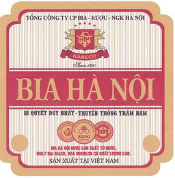 BIA HA NOI, TONG CONG TY CP BIA - RUOU - NGK HA NOI, HABECO, SINCE 1890, BI QUYET DUY NHAT-TRUYEN THONG TRAM NAM, BIA HA NOI DUOC SAN XUAT TU NUOC, MALT DAI MACH, HOA HOUBLON CO CHAT LUONG CAO, SAN XUAT TAI VIET NAM