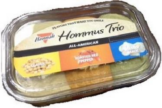 HANNAH HOMMUS TRIO FLAVORS THAT MAKE YOU SMILE ALL-AMERICAN CLASSIC ROASTED RED PEPPER ROASTED GARLIC