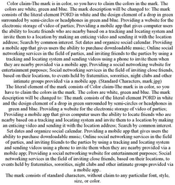 COLOR CLAIM-THE MARK IS IN COLOR, SO YOU HAVE TO CLAIM THE COLORS IN THE MARK. THE COLORS ARE WHITE, GREEN AND BLUE. THE MARK DESCRIPTION WILL BE CHANGED TO: THE MARK CONSISTS OF THE LITERAL ELEMENT PORD IN WHITE AND THE DESIGN ELEMENT OF A DROP IN GREEN SURROUNDED BY SEMI-CIRCLES OR HEADPHONES IN GREEN AND BLUE. PROVIDING A WEBSITE FOR THE ELECTRONIC STORAGE OF VIDEO OF PARTIES; PROVIDING A MOBILE APP THAT GIVES COMPUTER USERS THE ABILITY TO LOCATE FRIENDS WHO ARE NEARBY BASED ON A TRACKING AND LOCATING SYSTEM AND INVITE THEM TO A LOCATION BY MAKING AN ENTICING VIDEO AND SENDING IT WITH THE LOCATION ADDRESS; SEARCH BY COMMON INTEREST. SET DATES AND ORGANIZE SOCIAL CALENDAR. PROVIDING A MOBILE APP THAT GIVES USERS THE ABILITY TO PURCHASE DOWNLOADABLE MUSIC; ONLINE SOCIAL NETWORKING SERVICES IN THE FIELD OF PARTIES, AND INVITING FRIENDS TO THE PARTIES BY USING A TRACKING AND LOCATING SYSTEM AND SENDING VIDEOS USING A PHONE TO INVITE THEM WHEN THEY ARE NEARBY PROVIDED VIA A MOBILE APP; PROVIDING A SOCIAL NETWORKING WEBSITE FOR ENTERTAINMENT PURPOSES; SOCIAL NETWORKING SERVICES IN THE FIELD OF INVITING CLOSE FRIENDS, BASED ON THEIR LOCATIONS, TO EVENTS HELD BY FRATERNITIES, SORORITIES, NIGHT CLUBS AND OTHER INTIMATE GROUPS PROVIDED VIA A MOBILE APP. (STANDARD CHARACTERS, MARK.JPG) THE LITERAL ELEMENT OF THE MARK CONSISTS OF COLOR CLAIM-THE MARK IS IN COLOR, SO YOU HAVE TO CLAIM THE COLORS IN THE MARK. THE COLORS ARE WHITE, GREEN AND BLUE. THE MARK DESCRIPTION WILL BE CHANGED TO: THE MARK CONSISTS OF THE LITERAL ELEMENT PORD IN WHITE AND THE DESIGN ELEMENT OF A DROP IN GREEN SURROUNDED BY SEMI-CIRCLES OR HEADPHONES IN GREEN AND BLUE. PROVIDING A WEBSITE FOR THE ELECTRONIC STORAGE OF VIDEO OF PARTIES; PROVIDING A MOBILE APP THAT GIVES COMPUTER USERS THE ABILITY TO LOCATE FRIENDS WHO ARE NEARBY BASED ON A TRACKING AND LOCATING SYSTEM AND INVITE THEM TO A LOCATION BY MAKING AN ENTICING VIDEO AND SENDING IT WITH THE LOCATION ADDRESS; SEARCH BY COMMON INTEREST. SET DATES AND ORGANIZE SOCIAL CALENDAR. PROVIDING A MOBILE APP THAT GIVES USERS THE ABILITY TO PURCHASE DOWNLOADABLE MUSIC; ONLINE SOCIAL NETWORKING SERVICES IN THE FIELD OF PARTIES, AND INVITING FRIENDS TO THE PARTIES BY USING A TRACKING AND LOCATING SYSTEM AND SENDING VIDEOS USING A PHONE TO INVITE THEM WHEN THEY ARE NEARBY PROVIDED VIA A MOBILE APP; PROVIDING A SOCIAL NETWORKING WEBSITE FOR ENTERTAINMENT PURPOSES; SOCIAL NETWORKING SERVICES IN THE FIELD OF INVITING CLOSE FRIENDS, BASED ON THEIR LOCATIONS, TO EVENTS HELD BY FRATERNITIES, SORORITIES, NIGHT CLUBS AND OTHER INTIMATE GROUPS PROVIDED VIA A MOBILE APP.. THE MARK CONSISTS OF STANDARD CHARACTERS, WITHOUT CLAIM TO ANY PARTICULAR FONT, STYLE, SIZE, OR COLOR.