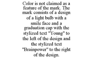 COLOR IS NOT CLAIMED AS A FEATURE OF THE MARK. THE MARK CONSISTS OF A DESIGN OF A LIGHT BULB WITH A SMILE FACE AND A GRADUATION CAP WITH THE STYLIZED TEXT "YOUNG" TO THE LEFT OF THE DESIGN AND THE STYLIZED TEXT "BRAINPOWER" TO THE RIGHT OF THE DESIGN.