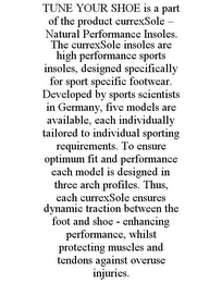 TUNE YOUR SHOE IS A PART OF THE PRODUCT CURREXSOLE - NATURAL PERFORMANCE INSOLES. THE CURREXSOLE INSOLES ARE HIGH PERFORMANCE SPORTS INSOLES, DESIGNED SPECIFICALLY FOR SPORT SPECIFIC FOOTWEAR. DEVELOPED BY SPORTS SCIENTISTS IN GERMANY, FIVE MODELS ARE AVAILABLE, EACH INDIVIDUALLY TAILORED TO INDIVIDUAL SPORTING REQUIREMENTS. TO ENSURE OPTIMUM FIT AND PERFORMANCE EACH MODEL IS DESIGNED IN THREE ARCH PROFILES. THUS, EACH CURREXSOLE ENSURES DYNAMIC TRACTION BETWEEN THE FOOT AND SHOE - ENHANCING PERFORMANCE, WHILST PROTECTING MUSCLES AND TENDONS AGAINST OVERUSE INJURIES.