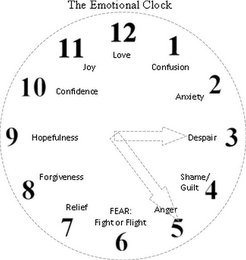 THE EMOTIONAL CLOCK 1 CONFUSION 2 ANXIETY 3 DESPAIR 4 SHAME/GUILT 5 ANGER 6 FEAR FIGHT OR FLIGHT 7 RELIEF 8 FORGIVENESS 9 HOPEFULNESS 10 CONFIDENCE 11 JOY 12 LOVE