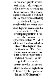 A ROUNDED PURPLE SQUARE OUTLINING A WHITE SQUARE WITH A BOTTOM OVERLAPPING BLUE SWOOSH. THE WHITE SQUARE CONTAINS A STYLIZED SMILEY FACE REPRESENTED BY PARALLEL STICK FIGURE PEOPLE WITH THE OUTER MOST STICK FIGURES CONNECTED BY A SEMI-CIRCLE. THE OVERLAPPING BOTTOM BLUE SWOOSH CONTAINS THE UPPERCASE LETTERS WFM IN WHITE OUTLINED IN A DARKER BLUE WITH A LIGHTER BLUE BUTTON ICON. THE BLUE BUTTON ICON INDICATES THE BLUE SWOOSH REPRESENTS A STYLIZED POCKET. TO THE RIGHT OF THE ROUNDED SQUARE ARE THE LOWERCASE LETTERS POCKET IN LIGHT BLUE FOLLOWED BY THE UPPERCASE LETTERS WFM IN PURPLE.