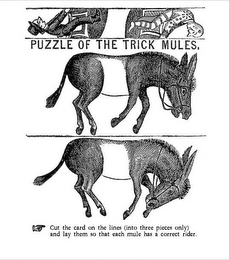 PUZZLE OF THE TRICK MULES. CUT THE CARD ON THE LINES (INTO THREE PIECES ONLY) AND LAY THEM SO THAT EACH MULE HAS A CORRECT RIDER.