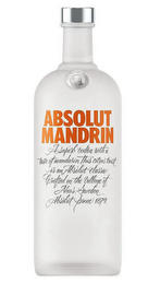 COUNTRY OF SWEDEN ABSOLUT ABSOLUT MANDRIN A SUPERB VODKA WITH A TASTE OF MANDARIN. THIS CITRUS TWIST IS AN ABSOLUT CLASSIC. CRAFTED IN THE VILLAGE OF AHUS, SWEDEN. ABSOLUT SINCE 1879.