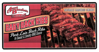 AUNT BESSIE'S EST. 1958 FINEST QUALITY MEATS BABY BACK RIBS PORK LOIN BACK RIBS IN SWEET & SMOKY BBQ SAUCE NATURALLY HARDWOOD SMOKED