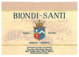 BIONDI-SANTI MARCA PROPRIA TENUTA "GREPPO,, IMBOTTIGLIATO ALL'ORIGINE DAL VITICULTORE JACOPO BIONDI SANTI NELLA CANTINA DELLA TENUTA "GREPPO,, MONTALCINO · ITALIA