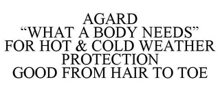 AGARD "WHAT A BODY NEEDS" FOR HOT & COLD WEATHER PROTECTION GOOD FROM HAIR TO TOE