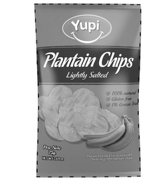 YUPI PLANTAIN CHIPS LIGHTLY SALTED 100% NATURAL GLUTEN FREE 0% GRASAS TRANS PESO NETO 75G. NET WT 2.65OZ PLATANOS VERDES FRITOS NATURALES NATURAL GREEN PLANTAIN CHIPS