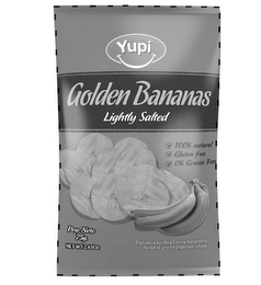 YUPI GOLDEN BANANAS LIGHTLY SALTED 100% NATURAL GLUTEN FREE 0% GRASAS TRANS PESO NETO 75G. NET WT 2.65OZ PLATANOS VERDES FRITOS NATURALES NATURAL GREEN PLANTAIN CHIPS