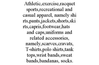 ATHLETIC,EXERCISE,RACQUET SPORTS,RECREATIONAL AND CASUAL APPAREL, NAMELY SHIRTS,PANTS,JACKETS,SHORTS,SKIRTS,CAPRIS,FOOTWEAR,HATS AND CAPS,UNIFORMS AND RELATED ACCESSORIES, NAMELY,SCARVES,CRAVATS, T-SHIRTS,POLO SHIRTS,TANK TOPS,WRIST BANDS,SWEAT BANDS,BANDANAS, SOCKS.