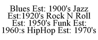 BLUES EST: 1900'S JAZZ EST:1920'S ROCK N ROLL EST: 1950'S FUNK EST: 1960:S HIPHOP EST: 1970'S