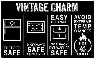 VINTAGE CHARM FREEZER SAFE MICROWAVE SAFE CONTAINER EASY CLEAN-UP TOP RACK DISHWASHER SAFE AVOID EXTREME TEMP CHANGES HOT COLD