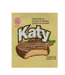 GALLETAS PUIG DESDE 1911 GALLETAS RELLENAS CON CREMA DE AVELLANAS CUBIERTAS CON CHOCOLATE KATY AVELLANA PESO NETO 32G NET WEIGHT 1,13 OZ