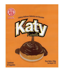 GALLETAS PUIG DESDE 1911 GALLETAS RELLENAS CUBIERTAS CON CHOCOLATE KATY VAINILLA PESO NETO: 256G NET WEIGHT: 9 OZ CONTIENE 8 PAQUETES