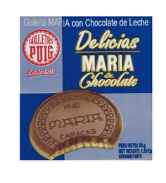 GALLETA MAF A CON CHOCOLATE DE LECHE GALLETAS PUIG DESDE 1911 DELICIAS MARIA & CHOCOLATE PUIG MARIA CARACAS PESO NETO: 34 G NET WEIGHT: 1,19 OZ CPE0909174975