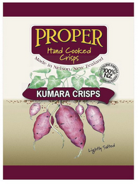 PROPER HAND COOKED CRISPS MADE IN NELSON, NEW ZEALAND, KUMARA CRISPS GENUINE KAIPARA 100% NZ GROWN KUMARA LIGHTLY SALTED