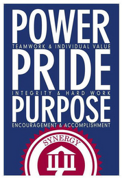 POWER PRIDE PURPOSE TEAMWORK & INDIVIDUAL VALUE INTEGRITY & HARD WORK ENCOURAGEMENT & ACCOMPLISHMENT SYNERGY