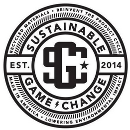 SUSTAINABLE GAME CHANGE SGC EST. 2014 RECYCLED MATERIALS REINVENT THE PRODUCT CYCLE MADE IN AMERICA LOWERING ENVIRONMENTAL IMPACT